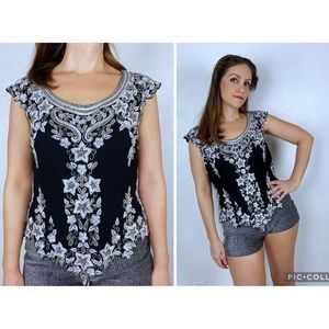 vintage 80s Silver BEADED STAR Print Party BLOUSE Med trophy glam disco top